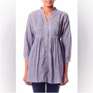 Speed Control Blue Pleated Tunic with Mandarin Collar